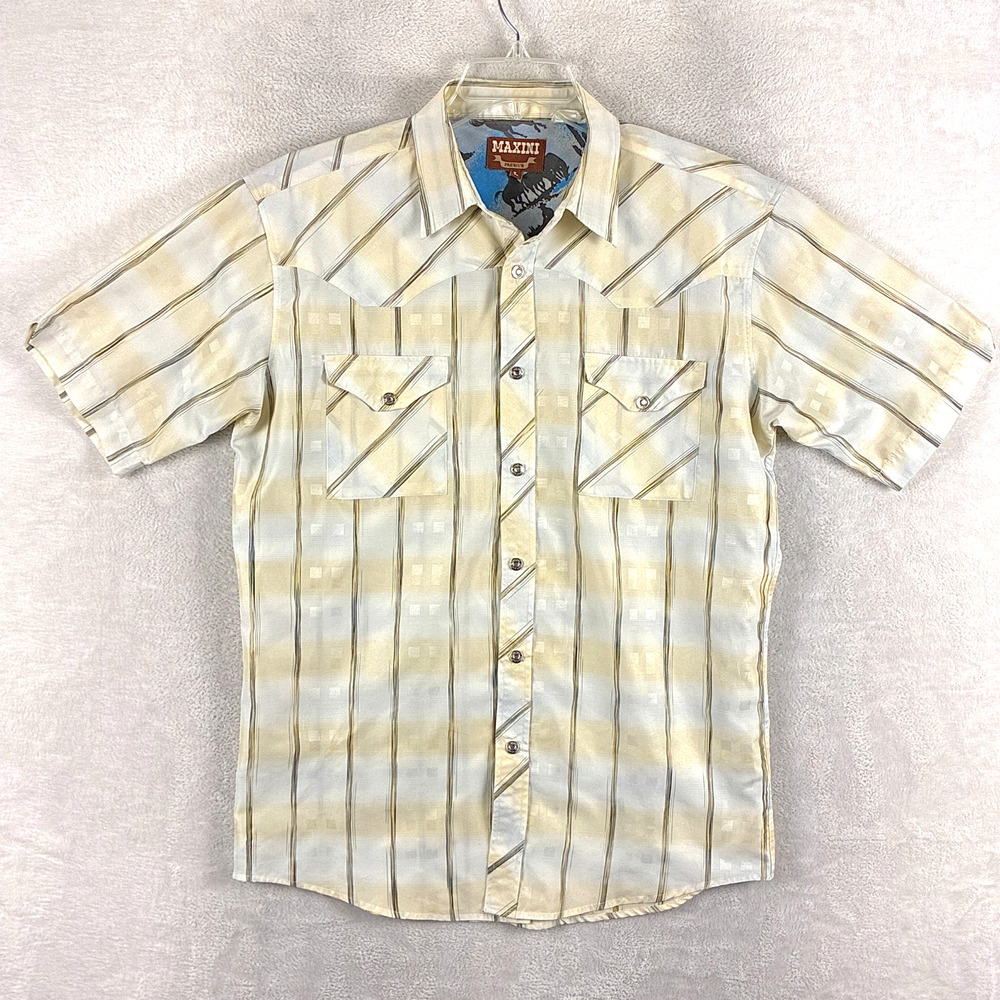 VTG Maxini Shirt Mens L White Yellow Plaid Pearl Snap Western Cowboy Classic 70s